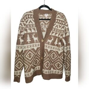 Womens‎ Cozy Christmas Deer Tree Fair Isle Cardigan Cottage Size Sweater Small